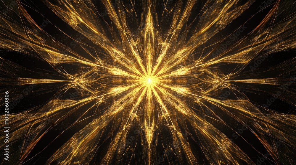 Poster glowing golden abstract lines radiating from a central point, forming intricate patterns on a black 