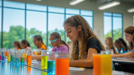 A classroom scene featuring a diverse group of students engaged in a science experiment, with colorful beakers and lab equipment spread.