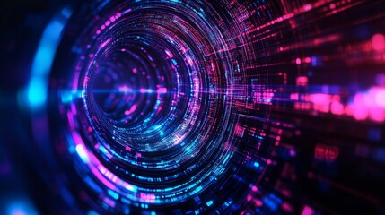 A neon-lit circular timeline showing technological revolutions and major world events repeating in patterns, glowing data streams connecting them, highlighting history's recurring cycles.