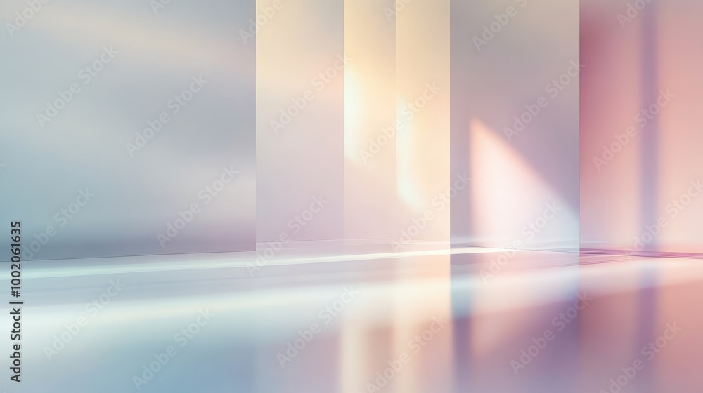 Poster Sleek beams of light in soft pastel tones cutting through the air, creating soft reflections and a calming atmosphere on a minimal background
