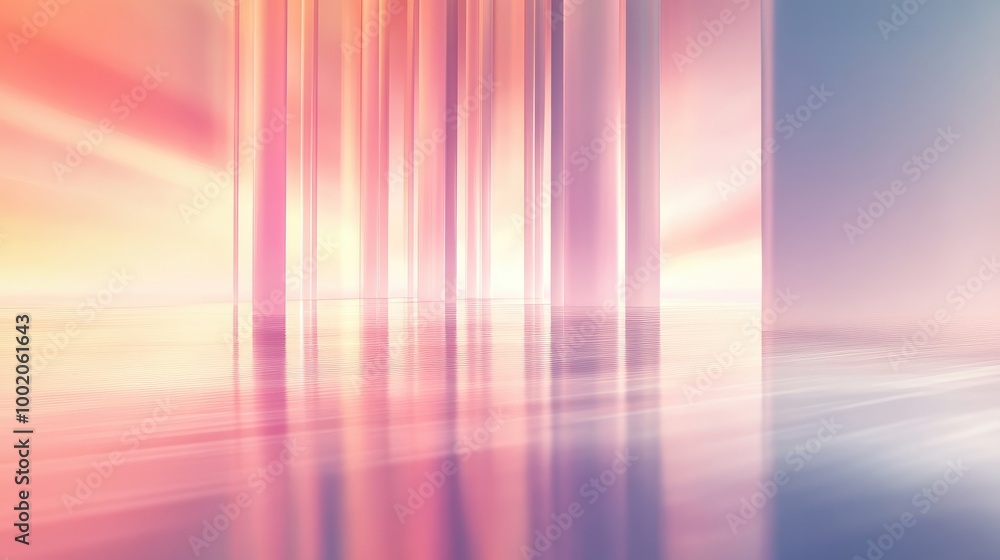 Poster sleek beams of light in soft pastel tones cutting through the air, creating soft reflections and a c