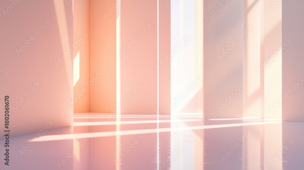 Poster sleek beams of light in soft pastel tones cutting through the air, creating soft reflections and a c