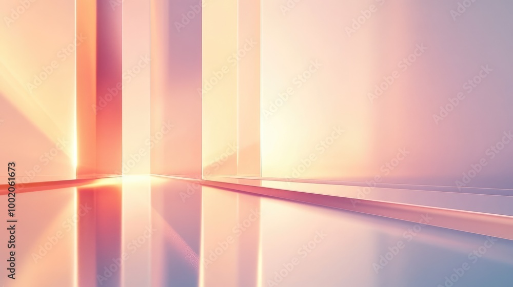 Poster sleek beams of light in soft pastel tones cutting through the air, creating soft reflections and a c