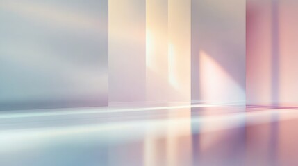 Sleek beams of light in soft pastel tones cutting through the air, creating soft reflections and a calming atmosphere on a minimal background