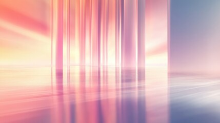Sleek beams of light in soft pastel tones cutting through the air, creating soft reflections and a calming atmosphere on a minimal background