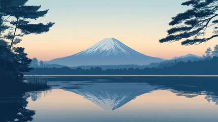 Mount Fuji rising above a calm lake, with no boats or visitors in the serene landscape.