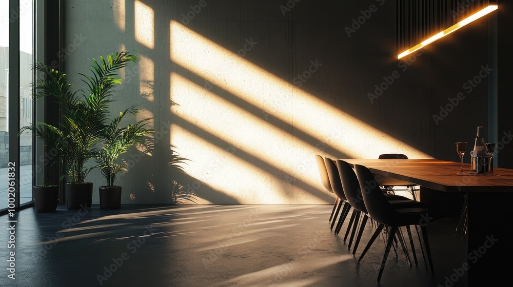 Poster sleek beams of soft natural light illuminating a modern dining area, casting elongated shadows and c