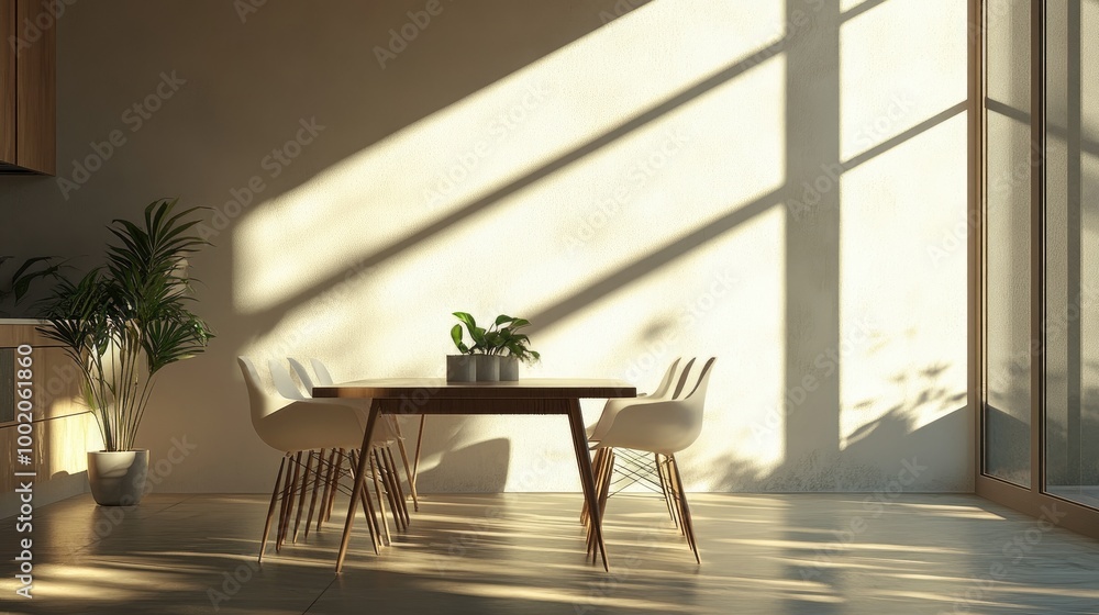 Poster sleek beams of soft natural light illuminating a modern dining area, casting elongated shadows and c