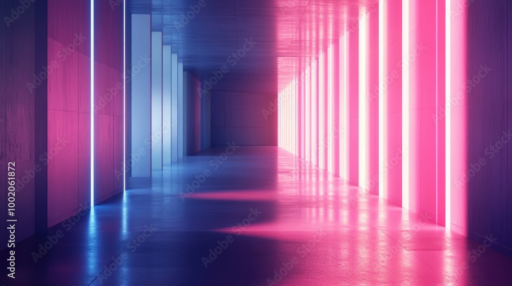 Poster sleek beams of soft pink and blue light creating abstract patterns in a dark, minimalist environment