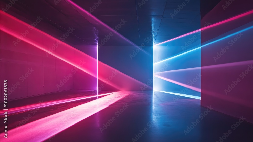 Poster sleek beams of soft pink and blue light creating abstract patterns in a dark, minimalist environment