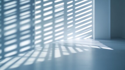 Obraz premium Sleek beams of light shining through the slats of a window, casting soft, linear shadows on a modern, minimalist room interior