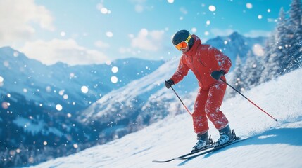 A skier in an orange suit and helmet descending a snowy mountain slope with snowflakes in the air and a mountainous backdrop under a blue sky.