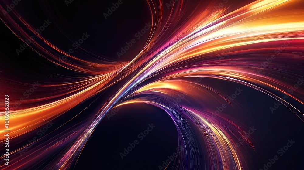 Poster sleek, glowing lines of light bending and twisting on a dark background, creating abstract, futurist
