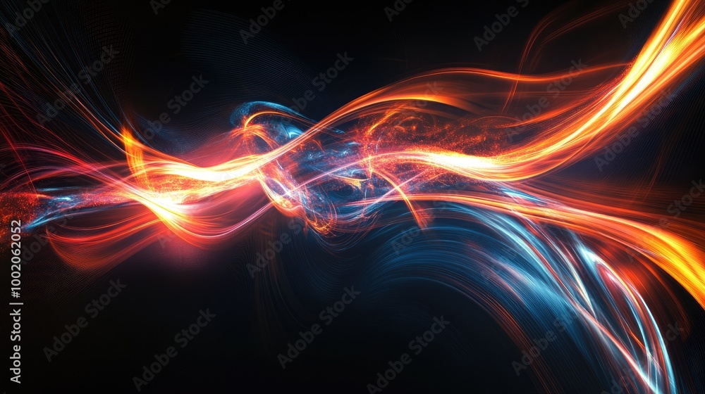 Poster sleek, glowing lines of light bending and twisting on a dark background, creating abstract, futurist