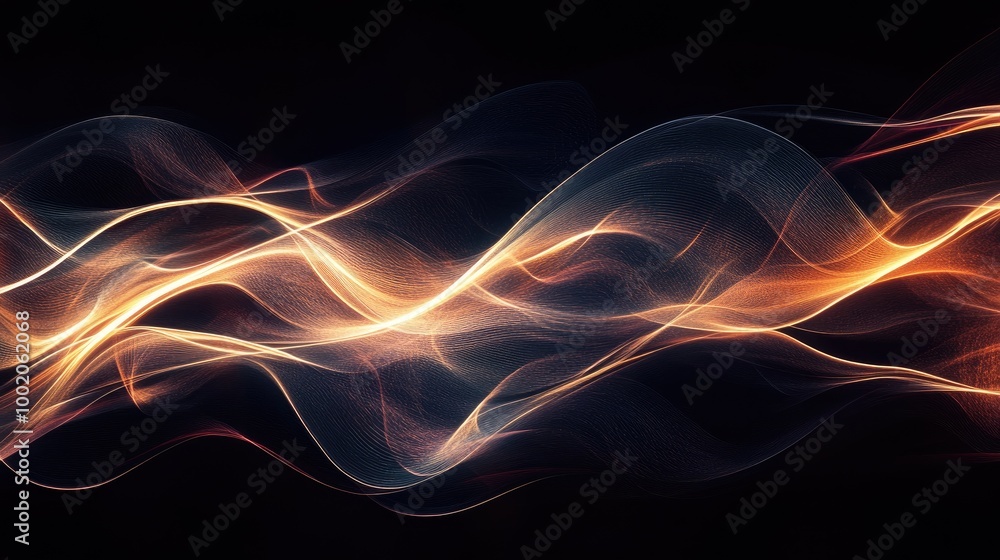 Poster sleek, glowing lines of light bending and twisting on a dark background, creating abstract, futurist