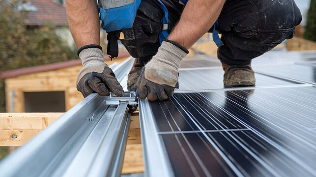 Trimming aluminum tracks for the setup of solar energy panels.