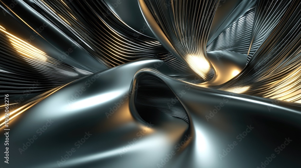 Poster sleek lines of light forming dynamic patterns around smooth metallic shapes, creating a modern and f