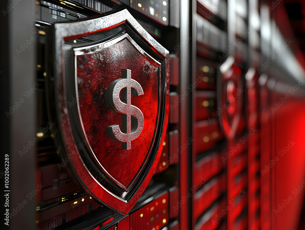 Aufkleber close up of a security shield with a dollar symbol on a server background, highlighting digital prot