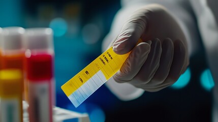 Naklejka premium A close-up of a doctora??s gloved hand holding a pH strip next to a color chart, determining the pH level.