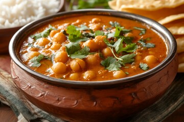 Traditional Indian curry in a clay pot, served with naan and rice.