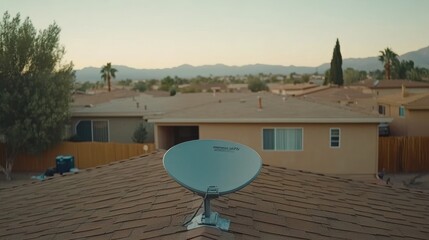 Satellite dish on a rooftop against a backdrop of mountains and a residential neighborhood.