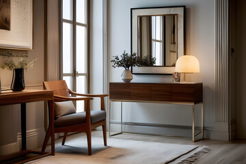 An elegant interior featuring a wooden chair and a sleek console table, accented by chic decor