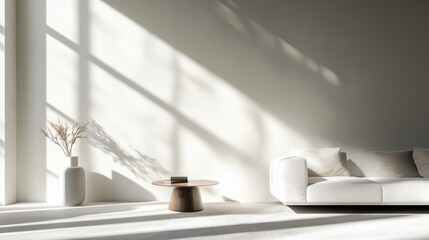 Sleek, soft rays of natural light filtering through a minimalist window, casting long shadows across a modern living room
