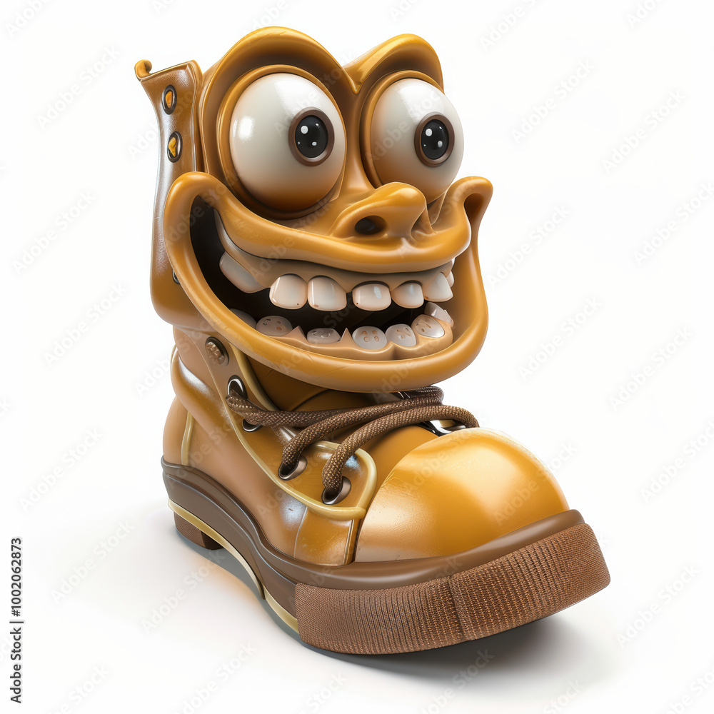 Poster whimsical character design featuring large, smiling boot with exaggerated facial features and big ey