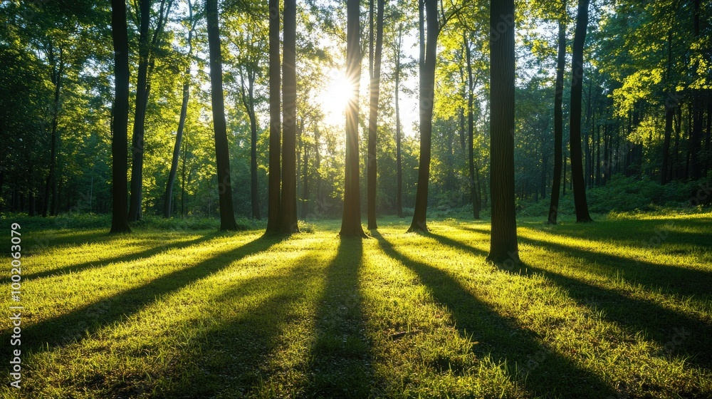 Poster sleek sunlight filtering through tall trees, casting soft, linear shadows across the forest floor in