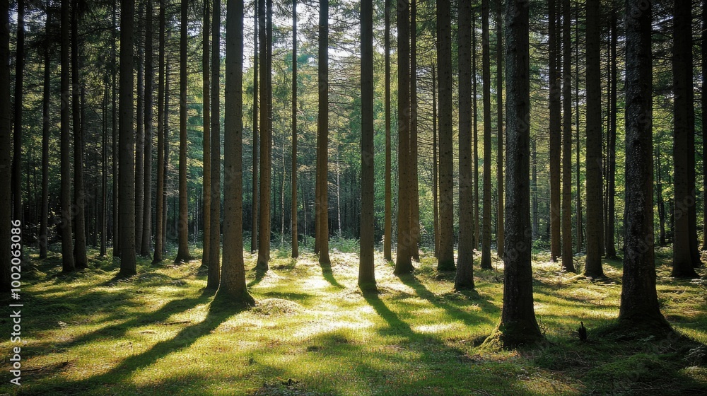 Poster sleek sunlight filtering through tall trees, casting soft, linear shadows across the forest floor in