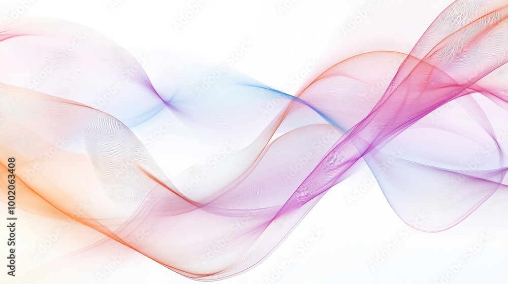 Poster soft pastel abstract lines creating a flowing wave-like pattern, set against a white background, evo