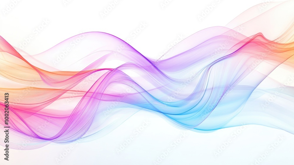 Poster soft pastel abstract lines creating a flowing wave-like pattern, set against a white background, evo