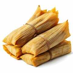 Traditional tamales neatly wrapped in corn husks, showcasing their unique and artisanal appearance against a white background.