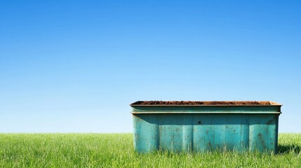 Naklejka premium A weathered blue container sits on lush green grass under a clear blue sky.