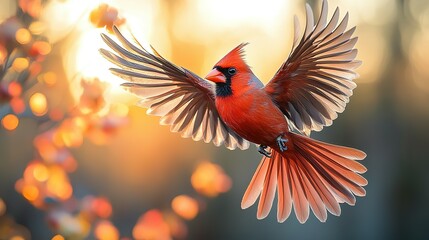 Fototapeta premium A Male Northern Cardinal in Flight Against a Blurry Sunset Background
