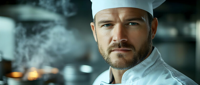 Focused male chef in professional kitchen, showcasing culinary skills and expertise amidst cooking ambiance.