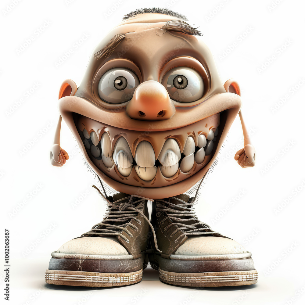 Poster whimsical character with big head and wide smile stands in oversized shoes, exuding playful and chee