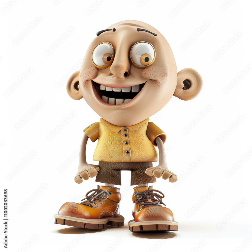 Poster cheerful cartoon character with big head, smiling face, and oversized shoes stands confidently. char