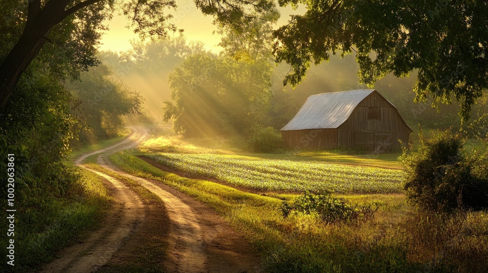 Poster sunlight streaming through the trees on a farm, illuminating a dirt path leading to a rustic barn an