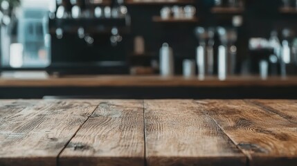 Serene Wooden Table Setting with Coffee Shop Background - Ideal for Product Montage