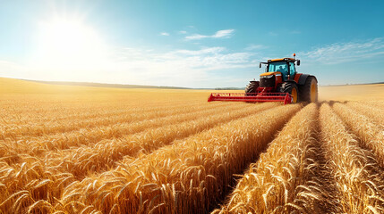 Obraz premium Wheat harvesting using a tractor under a bright sun, showcasing golden fields and clear blue skies.