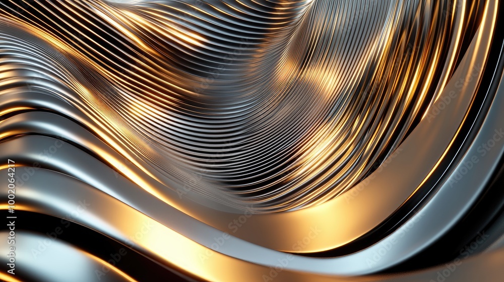 Poster thin metallic abstract lines intertwined in a wave pattern, reflecting light, creating a modern and 