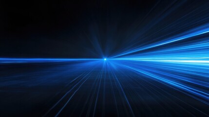 Obraz premium Thin, sleek beams of blue light converging at a single point in the distance, creating a dynamic sense of depth and motion on a black background
