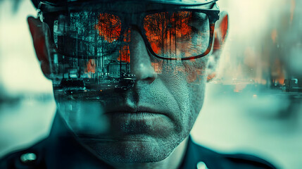 A close-up portrait of a serious officer with reflective sunglasses, conveying determination and focus.