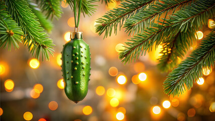 Christmas pickle ornament hanging from a pine branch with festive bokeh lights in the background
