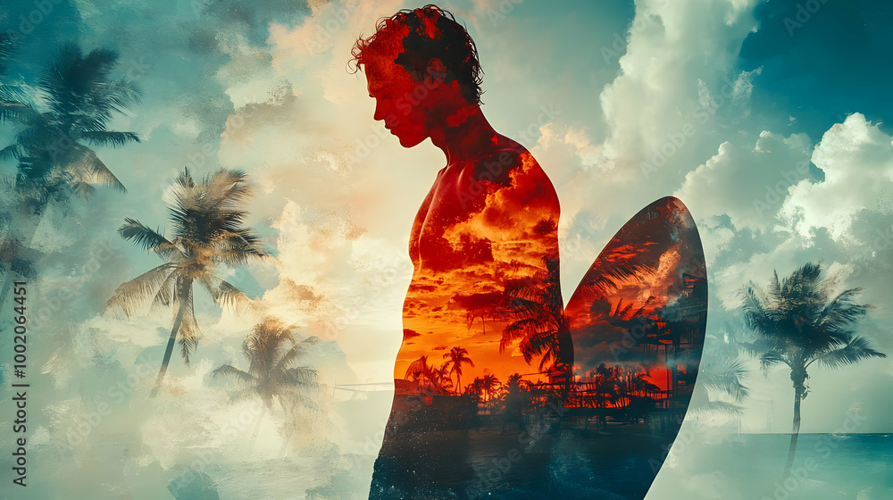 Poster silhouette of a surfer with a sunset reflection, surrounded by palm trees and clouds.