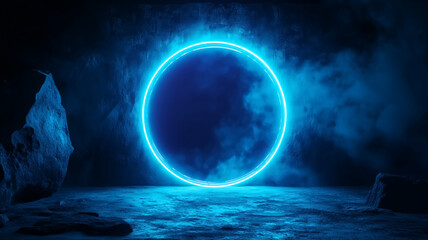A glowing blue portal surrounded by mist, set against a dark, rocky landscape.