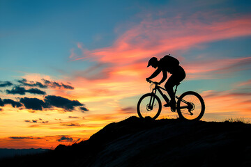 Obraz premium Man on mountain bike against sundown sky silhouette