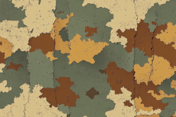 A textured camouflage pattern featuring earthy tones of green, brown, and beige, suitable for design and military applications.