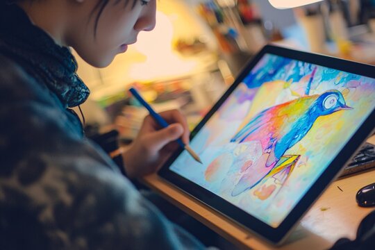 A graphic design student specializes in creating stunning digital artwork on a tablet, blending creativity with technical expertise.